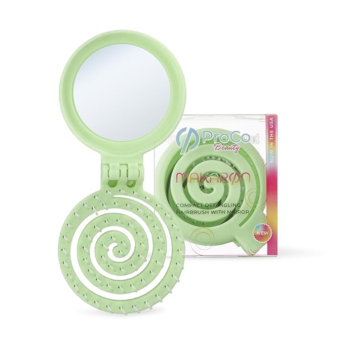 Mini Detangler Travel Hair Brush with Mirror, Makaron Hair Brushes for Women, Men and Kids, Unique 3D Flexible Design for All Hair Types, Styling Accessory, Travel Essentials for Women (GREEN)
