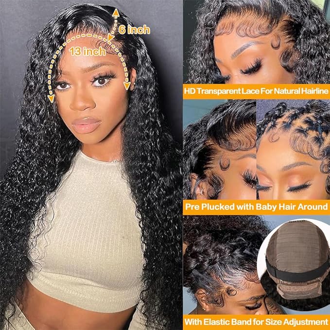 13x6 Deep Wave Lace Front Wigs - 200% Density HD Transparent Frontal Wigs - Glueless, Pre-Plucked with Baby Hair - Natural Black (30Inch)