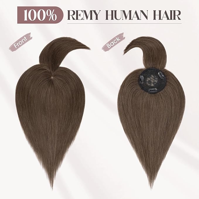 MY-LADY Human Hair Toppers for Women Real Human Hair with Bangs Thin 8.5 * 8.5CM Mono Base Clip in Remy Hairpieces Light Weight 12 Inch Dark Brown