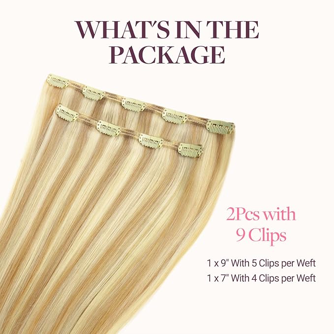 GOO GOO Clip in Hair Extensions Real Human Hair, Remy Human Hair Extensions Clip ins for Women, Natural Human Hair, 18inch 70g 2Pcs, #16/22 Light Blonde Highlighted Golden Blonde