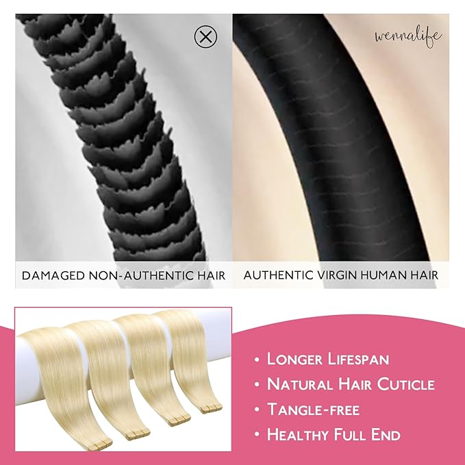 WENNALIFE Tape in Hair Extensions Human Hair Platinum Blonde Tape in Extensions, 10pcs 25g 14 inch Remy Invisible Tape Ins Straight Soft Real Human Hair Tape in Extensions Refill Set Extensions