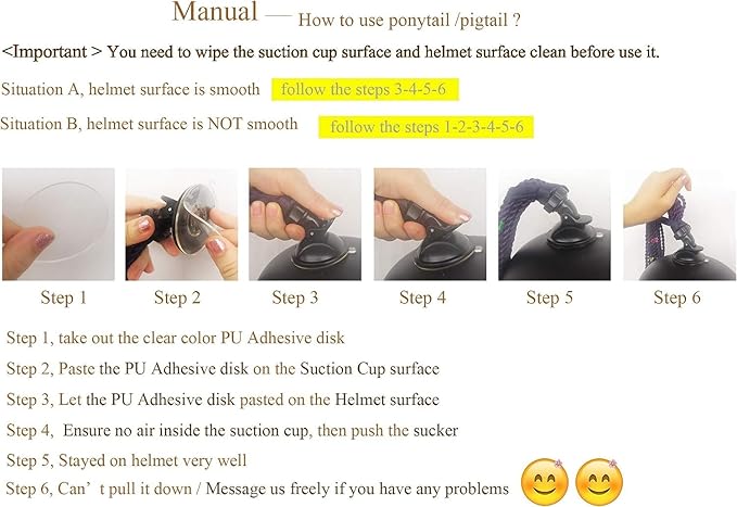 2PCS Pigtail Motorcycle Helmet Ponytail Bicycle Braids Hair Tails for Any Helmets - Suction Cup Reusable Design (Helmet Not Included)