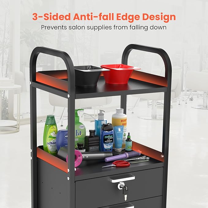 TASALON Metal Salon Trolley Cart with Wheels & Lockable Drawers – 4-Tier Hair Stylist Rolling Tray Cart, Barber & Esthetician Station Organizer, Beauty Salon Equipment & Spa Storage Cabinet