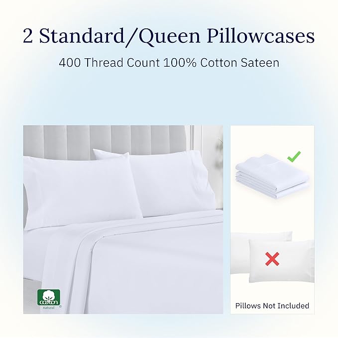 California Design Den Standard Queen Size Pillowcase Set - 400 Thread Count, 100% Cotton Sateen, Set of 2 Pillow Covers, Soft and Breathable - Bright White