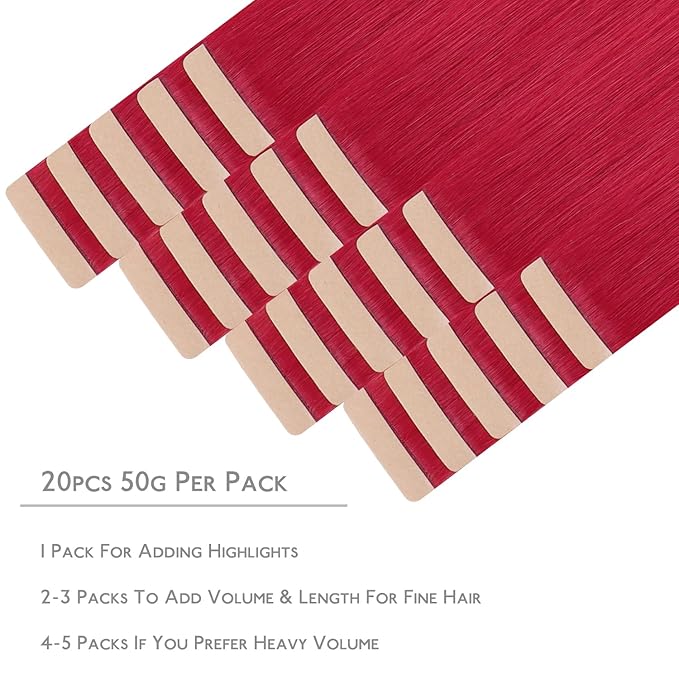 WENNALIFE Tape in Hair Extensions Human Hair, 20pcs 50g 24 inch Red Remy Hair Extensions for Women Tape Ins Straight Extensiones De Cabello Humano Skin Weft