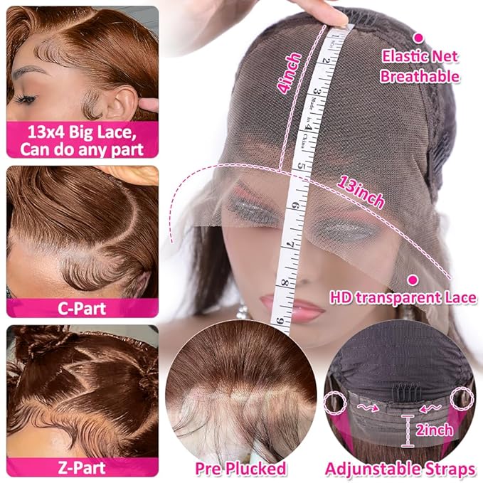Hermosa 13x4 Brown Lace Front Wigs Human Hair 180 Straight Lace Frontal Human Hair Wigs Pre Plucked Hairline 4# Brown Frontal Wigs Human Hair 20 Inch