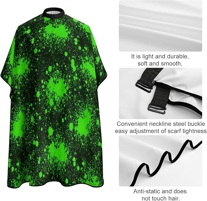 Women Green Paint Splatter Black Haircut Barber Cape Cover, Extra Large Hairdressing Apron for Home Stylists, Easy Clean