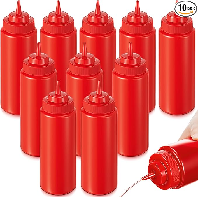 10 Pcs 32 oz Squeeze Bottle Large Plastic Wide Mouth Squeeze Bottles for Condiment Sauces Chocolate Ketchup Mustard BBQ Grill Restaurant (Red)