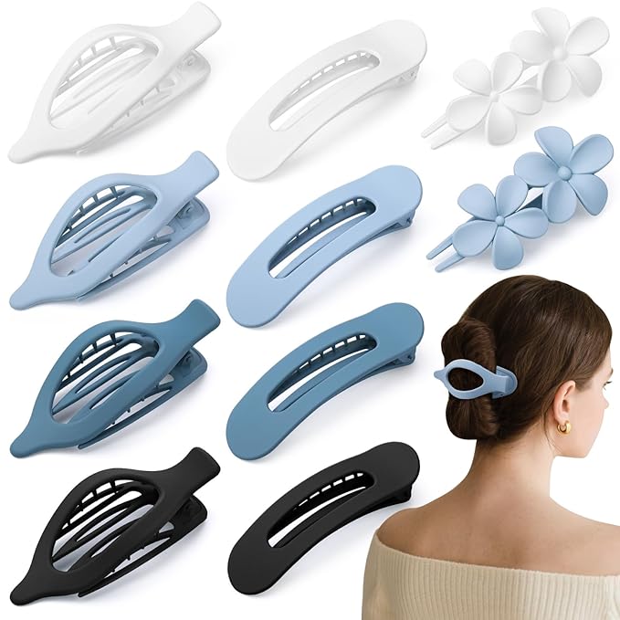 10 Pcs French Flat Hair Clips for Women, 3 Styles Blue Flat Claw Clips Strong Hold No Slip Matte Hair Claw Clips for Thin Thick Hair