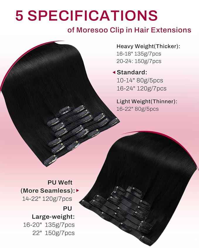 Moresoo Seamless Clip in Hair Extensions Human Hair Remy Straight PU Weft Human Hair Clip in Extensions Full Head Jet Black #1 7pcs/120g 16inch