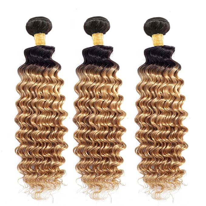 Ombre Bundles Human Hair Blonde Deep Wave Bundle Brazilian Virgin Remy Soft and Silky Hair 3 Bundles 12 14 16 Inch Double Weft 2 Tone Black and Honey Blonde Bundle Hair Weave 300g