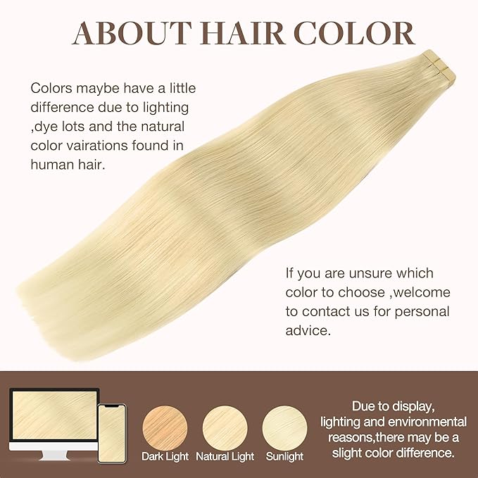 GOO GOO Tape in Hair Extensions Human Hair, 613R Bleach Blonde, 16inch 50g 20pcs, Skin Weft Seamless Invisible, Silky Straight with Thick Ends, Remy Human Hair