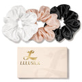 LULUSILK Silk Scrunchies for Hair Sleep, 100% Real Mulberry Silk, No Damage Hair Ties for Women and Girls, Black White and Lotus Pink, Pack of 3