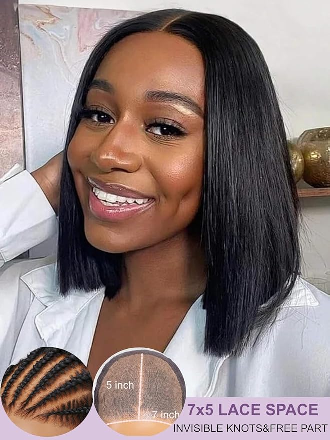 YIROO Bye Bye Knots 7x5 Lace Straight Bob Wig Glueless Human Hair Wig with Elastic Drawstring,Pre Plucked Pre Cut Short Bob Lace Closure Wig Wear and Go Natural Color 150% Density 10Inch