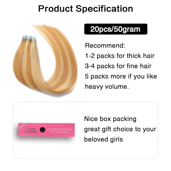 SUYYA Tape in Hair Extensions Human Hair Strawberry Blonde to Light Blonde Remy Hair 22 inches 20pcs 50g/pack Straight Seamless Skin Weft Tape in Human Hair Extensions Piano Color(22 inch #P27/24B)