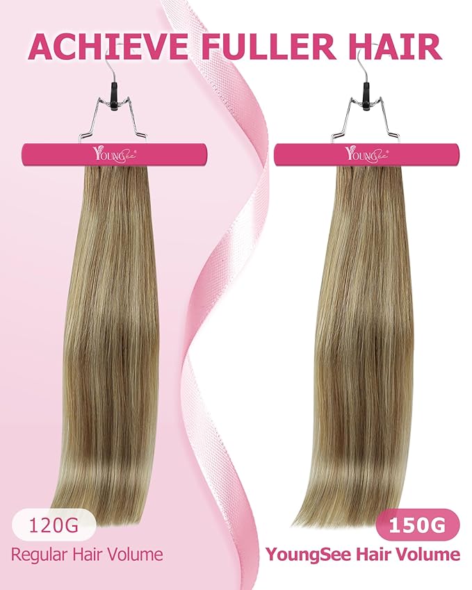 YoungSee Clip in Hair Extensions Real Human Hair Light Brown Balayage Clip in Extensions Light Brown Ombre Blonde Highlights Dyable Hair Extension Clip ins for Women 20Inch 7Pcs 120G
