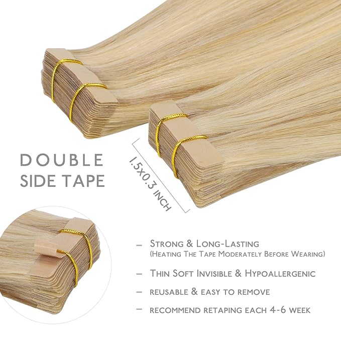 WENNALIFE Tape in Hair Extensions Human Hair, 20pcs 60g 28 inch Light Blonde Highlighted Golden Blonde Remy Hair Extensions Straight Human Hair Tape in Extensions Skin Weft Tape Extensions Human Hair