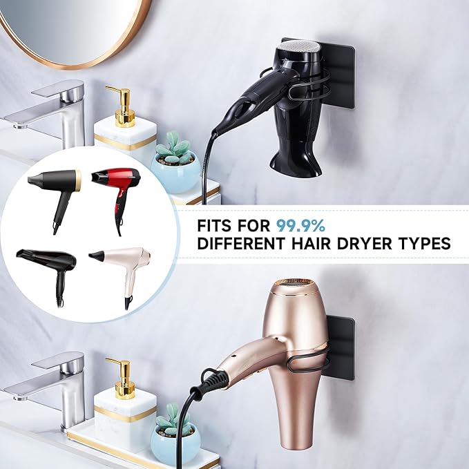 Hair Dryer Holder Wall Mounted, Hairdryer Holder for Bathroom, Blow Dryer Holder, Hair Tool Organizer for Hair Dryer Hanger Storage, Adhesive Blow Dryer Organizer (Black)