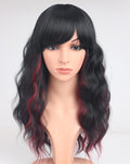 Burdundy-Black Hair Wavy Wigs With Bangs For Women Synthetic Black Hair With Red Undertones Wigs For Daily Use Everyday Wear.