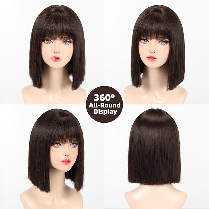 Allbell Brown Wigs for Women Short Bob with Bangs Heat Resistant Synthetic Hair 12 inch for Daily Party Halloween Costume Use