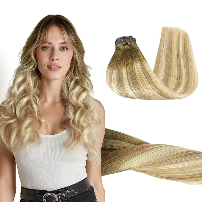GOO GOO Clip in Hair Extensions Real Human Hair, Remy Human Hair Extensions Clip ins for Women, Natural Human Hair, 22inch 110g 7Pcs, 5A/90/16F Bahamian Balayage