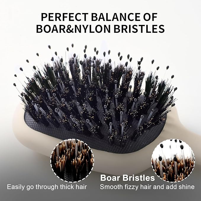 Mini Boar Bristles Hair Bursh, Travel Size Hair Brush for Women Men Kids, Protable Small Hair Brushes for Pockets Purses, Mini Hair Brush for Smooth Add Shine (White)