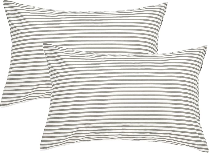 JELLYMONI 100% Natural Cotton Striped Standard Pillowcases Set, 2 Pack White and Grey Stripes Pattern Printed Pillow Covers with Envelope Closure(Pillows are not Included)