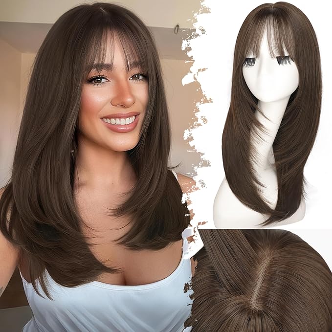Wig with Bangs for Women Medium Brown Straight Face-Framing Layers Hairstyle 4x4 Realistic Scalp Glueless Synthetic Wigs Medium Length for Everyday Use