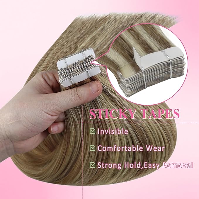 YoungSee 24inch Tape in Hair Extensions Real Human Hair Highlight Hair Extensions Tapes Light Brown to Blonde Tape on Hair Extension Human Hair for Women Long Straight Hair 20pcs 50g