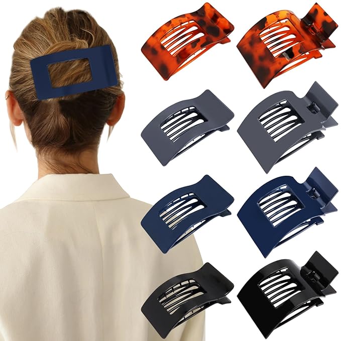 Velscrun Flat Hair Clips for Women Girls, 2 Styles 8 Pcs Lay Flat Claw Clips, Strong Hold French Duck Billed Large Side Hair Jaw Clip for All Hair Types, Non Slip Grip for Daily Styling Navy Blue