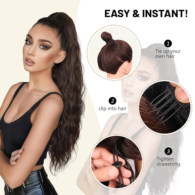 LEEONS 26 inch Drawstring ponytail Extension, Long Wavy pony tails hair extensions for Women - Synthetic Hairpiece Ponytail for Daily Use (Copper Brown)