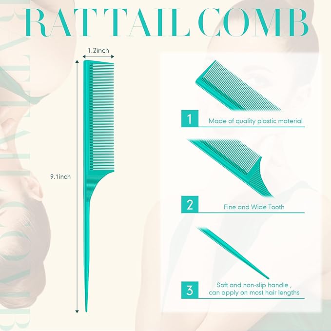 2 Pack Rat Tail Combs for Women Fine Tooth Comb Parting Tip Carbon Fiber Root Teasing Anti Static Heat Resistant Adding Volume Evening Hair Styling (Green)