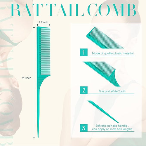2 Pack Rat Tail Combs for Women Fine Tooth Comb Parting Tip Carbon Fiber Root Teasing Anti Static Heat Resistant Adding Volume Evening Hair Styling (Green)