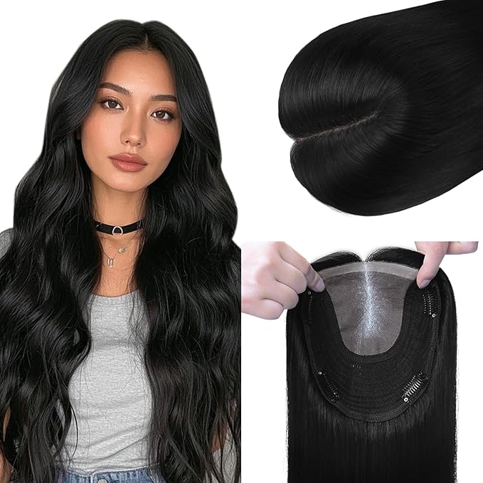 HAIR Toppers for Women Real Human Hair Clip in Silk Base 150 Density 6x7inch 65 grams Jet Black Color 14inch all real huamn hair healthy for Women with Thinning Crown (#1 14inch)