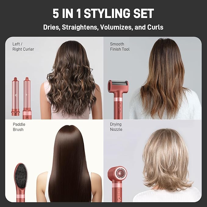 5 in 1 High-Speed Hot Air Styler - Professional Frizz-Free Hair Dryer Brush, Fast Drying Hair Dryer, No Heat Damage Air Styler Wrap - Curl, Volumize, Straighten with Travel Bag Gift for Women