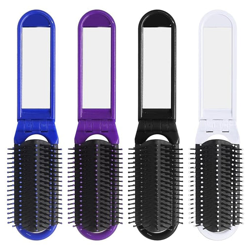 4 Pack Folding Travel Hair Brush with Mirror, Mini Foldable Hairbrush, Portable Pocket Comb with Mirror for Women Girls - Compact Design, Perfect for Travel, Purse, Gym Use - 4 Colors