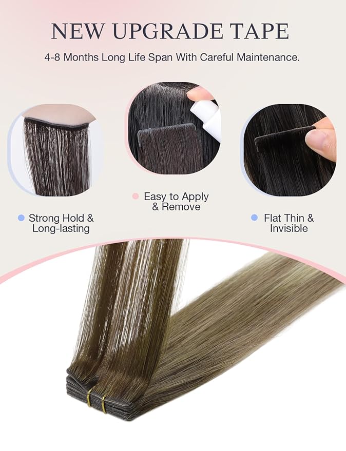 DOORES Invisi Edge Hair Extensions Tape in, Walnut Brown to Ash Brown and Bleach Blonde 10 Injection Tape-ins with 10 Classic Tape-ins 50g 18 Inch, Injected Tape in Extensions Straight