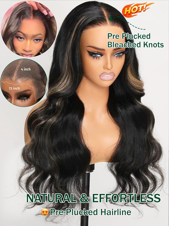 KLAIYI Bye Bye Knots Glueless Wig Human Hair 13x4 Balayage Highlight 3D Body Wave Precut Lace Front Wig with Baby Hair Black Mix Blonde Brown Pre Plucked Pre Bleached Knots Wig 30S Easy to Wear 24Inch