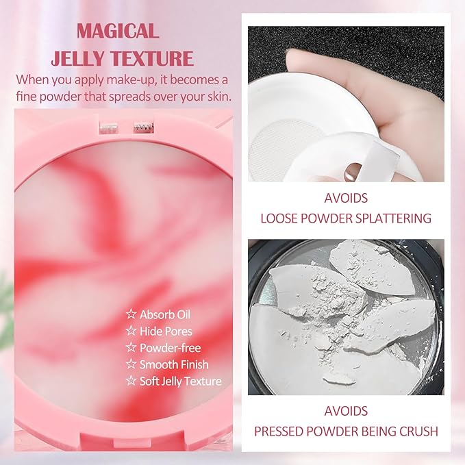 Oil Control Pressed Setting Powder, Matte Soft Jelly Texture Powder-free Face Powder, Long-Lasting Waterproof Pressed Powder Makeup, Flawless Lightweight Face Cosmetics - Pink