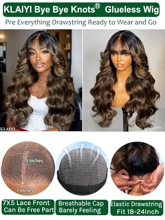KLAIYI Ombre Brown Loose Body Wave Bye Bye Knots Glueless Precut 7x5 HD Lace Front Human Hair Bang Wig Drawstring Highlight Balayage Brown Pre Plucked Bleached 30S Ready to Wear and Go Wig 180% 26Inch