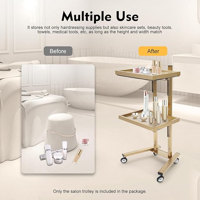 2 Tier Foldable Tray Trolley, Stainless Steel Salon Storage Metal Rolling Cart Mobile Hairdressing Tool Organizer with Wheels for Hair Salon, Studios, Spa Salons (Gold)