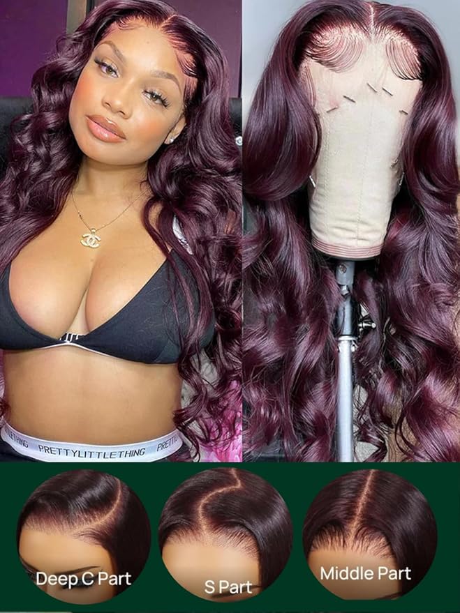 KLAIYI Black Cherry Loose Body Wave Bye Bye Knots Glueless Wig 7x5Precut Lace Front Wigs Human Hair Drawstring Pre Plucked Bleached 30S Ready to Wear and Go Wig with Face Framing Bangs Burgundy 20Inch