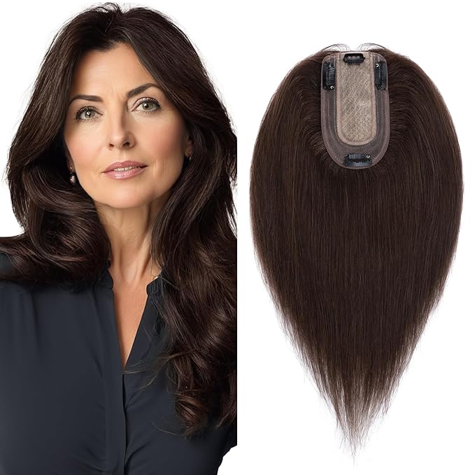 SEGO Real Human Hair Topper for Women, No Bangs Hair Topper with Anti-Slip Clips (18 Inches Dark Brown)