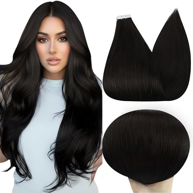 Full Shine 20 Inch Invisible Tape in Hair Extensions Human Hair 1B Off Black Black Hair Extensions Tape in Double Sided Tape in Hair Extensions 50 Gram 20 Pcs Long Straight Skin Weft Natural