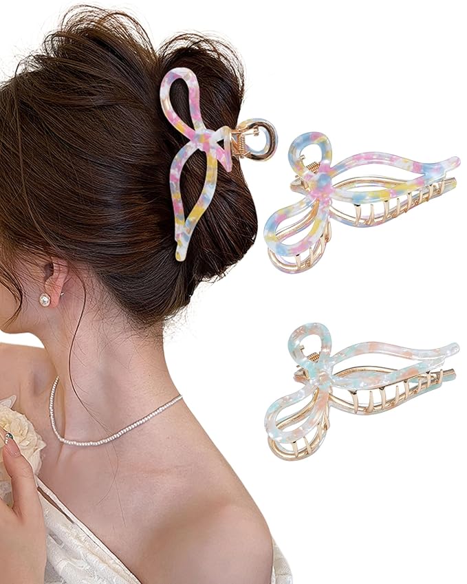 ACECHA 2 Pack Gold Metal Bow Hair Claw Clips for Women, 4.5" Colorful Non-slip Hairclips for Thick Thin Hair Claws Strong Hold Styling (Mixed Color)