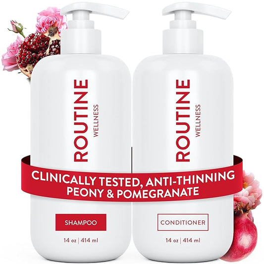 Routine Wellness Anti-Thinning Shampoo and Conditioner Set for Thinning Hair - Biotin DHT Blocker Women & Men - Color Safe Shampoo for Hair Loss & Healthier Hair - Peony & Pomegranate (Pack of 2)
