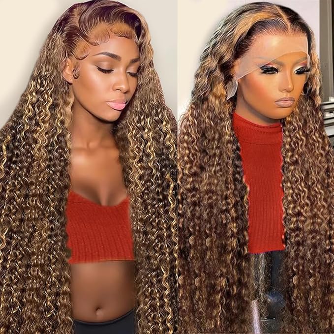 Highlight Ombre 13x6 Lace Front Wig Human Hair Deep Wave Honey Blonde Glueless HD Transparent Lace Frontal Wigs for Women 180 Density Human Hair (highlight ombre deep wave, 34 inch)