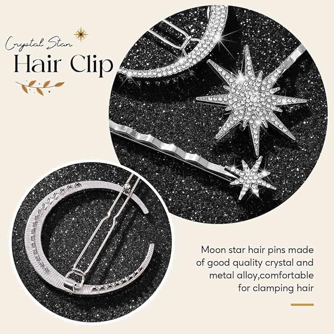 Bartosi Rhinestone Moon Hair Clips Silver Star Hairpins Crystal Decorative Bobby Pin Bride Wedding Hair Pins Side Clip Hair Accessories for Women and Girls (Pack of 3)