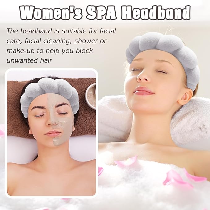 Zkptops Spa Headband for Washing Face Wristband Set Sponge Makeup Skincare Headband Terry Cloth Bubble Soft Get Ready Hairbands for Women Girl Puffy Padded Headwear Non Slip Thick Hair Accessory(Grey)