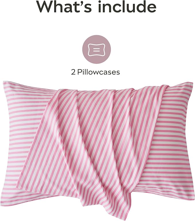 JELLYMONI 100% Natural Cotton Striped Standard Pillowcases Set, 2 Pack Pink Striped Pattern Printed Pillow Covers with Envelope Closure(Pillows are not Included)